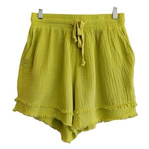 GiGiO Lime Green Yellow Summer Shorts Raw Hem Elastic Drawstring Pockets Gauze